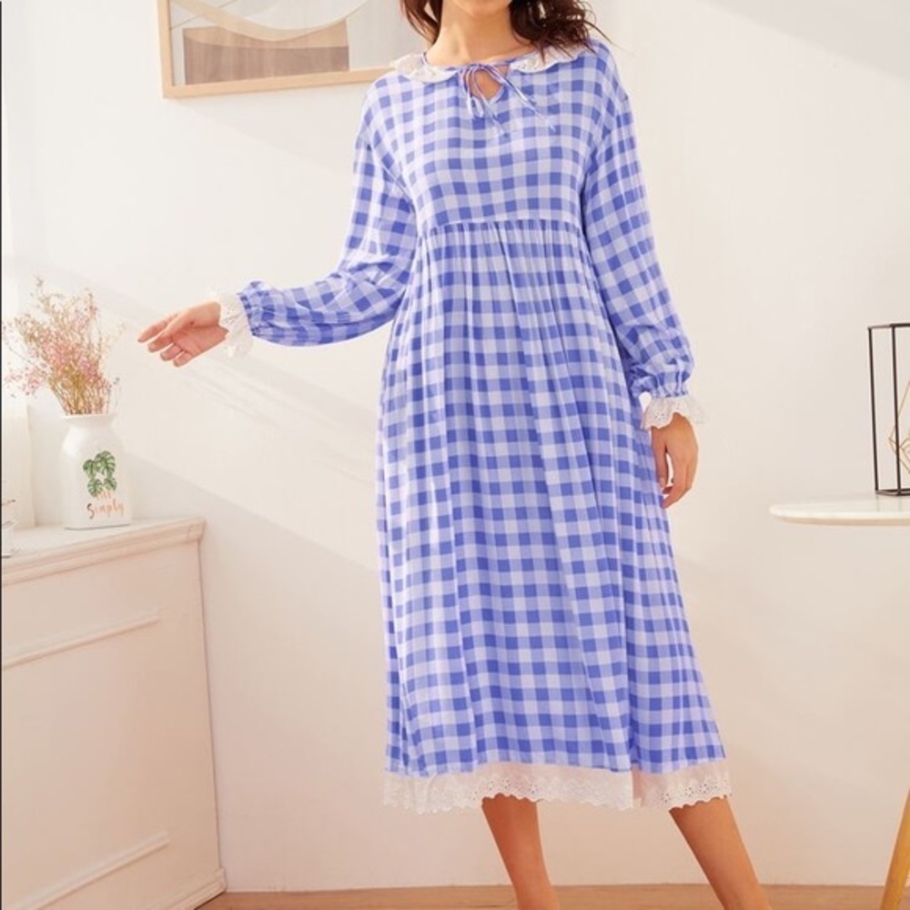 New Blue Plaid Vintage Lace Nightgown​ - Picture 3 of 5
